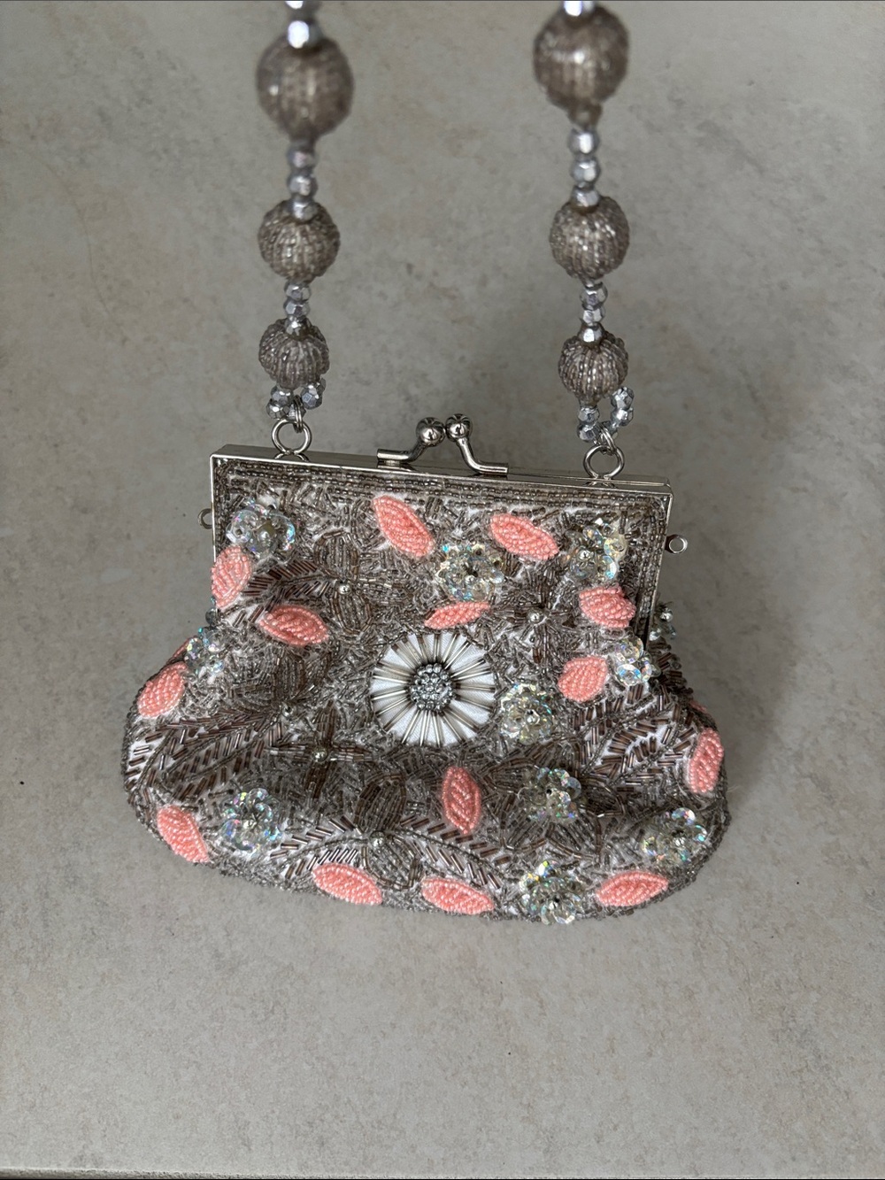 Beaded Embellished Evening Bag in Silver and Coral - Picture 3 of 4